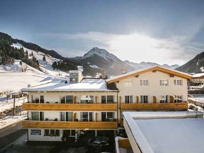 Familienhotel - Gosau - Außenansicht im Winter mit Skipiste im Hintergrund - Familienhotel Botenwirt ***S