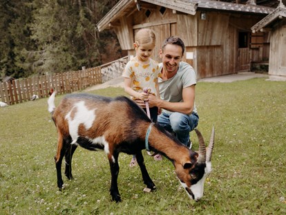 Familienhotel - Kirchdorf in Tirol - Bauernhof mit vielen unterschiedlichen Tieren wie Ziegen, Ponys, Schweine, Kühe, Hühner, Hasen, Enten ...
Auf Tafeln gibt es Wissenswertes über unsere Bauernhoftiere - Habachklause Familien Bauernhof Resort