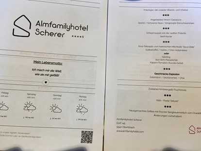 Familienhotel - Tirol - Tagesprogramm und Menü - Almfamilyhotel Scherer****s - Familotel Osttirol